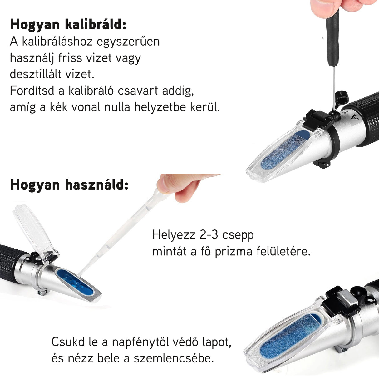 Optikai refraktométer fagyálló LED-es, akkusav, ablakmosóé és AdBlue mérésére