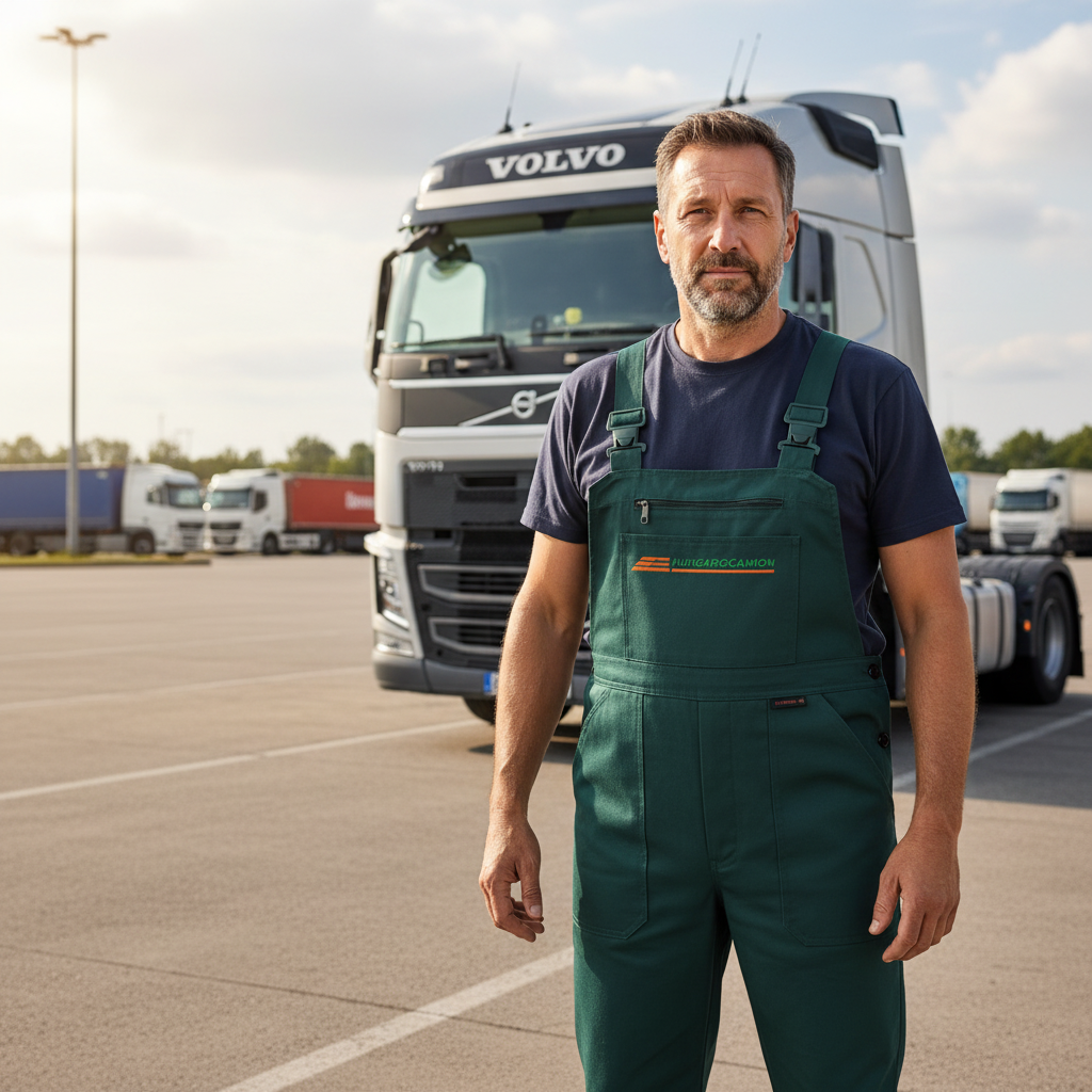 Truck driver with Hungarocamion overalls and Volvo truck