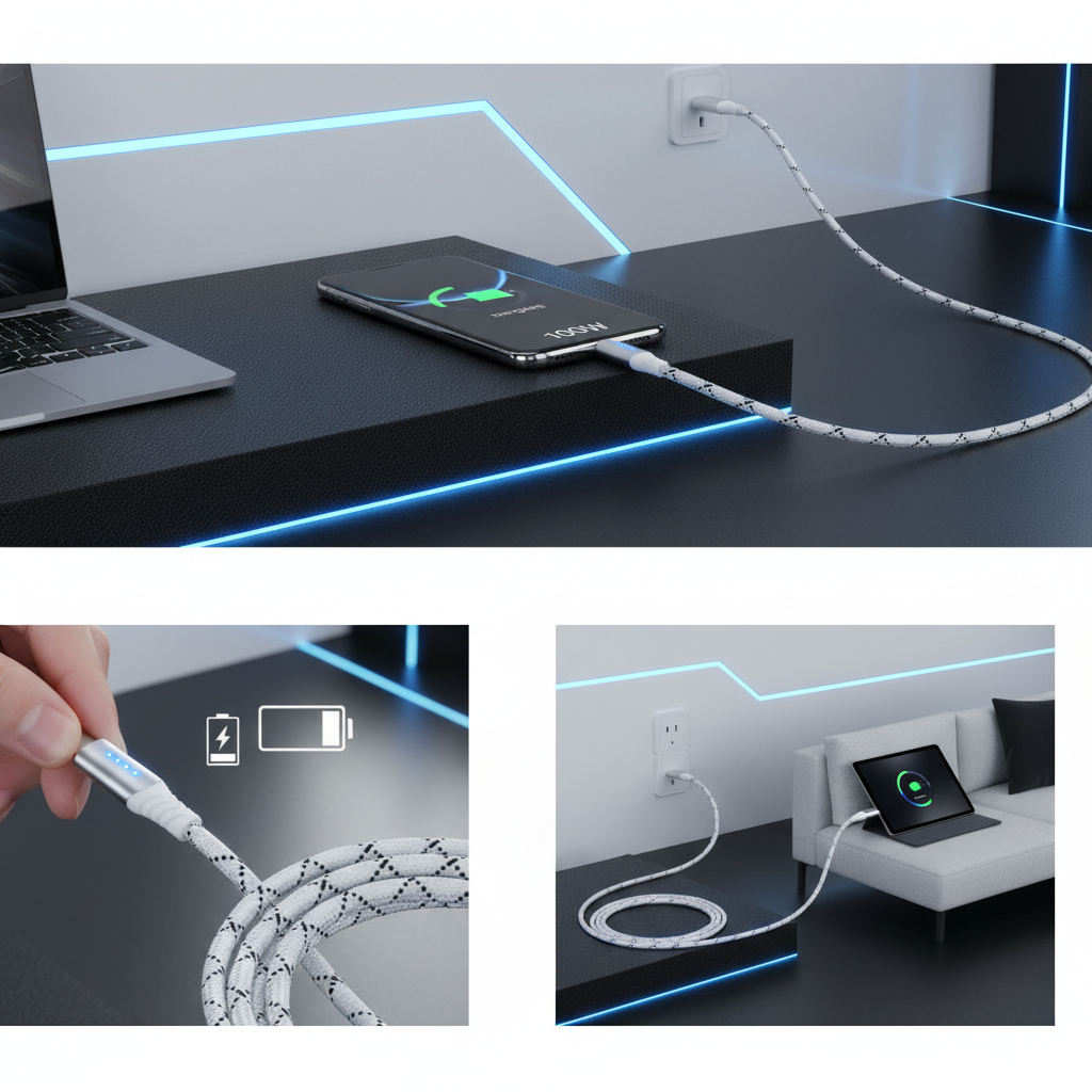 Usb c töltőkábel gyorstöltéssel és led kijelzővel 100W 2m