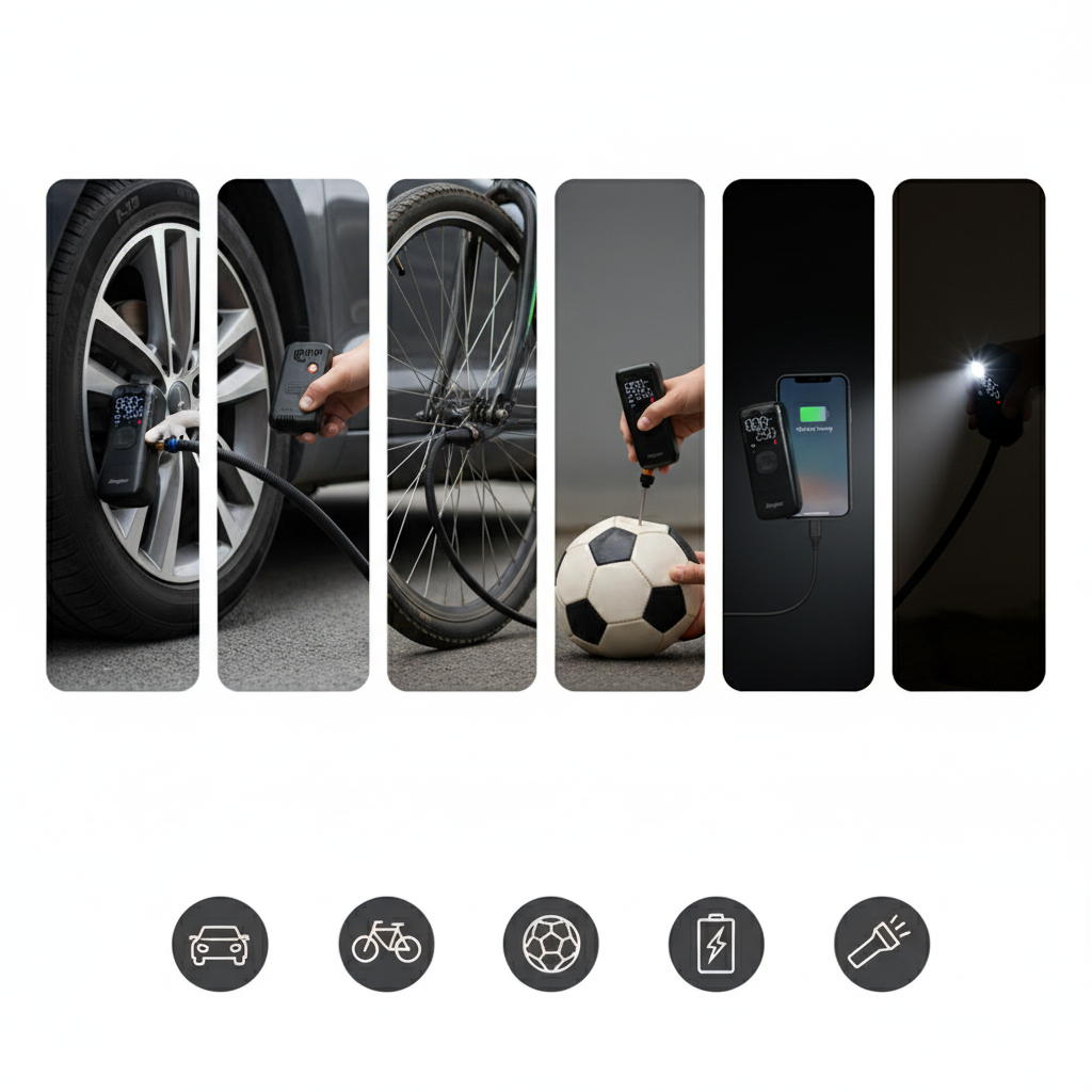 Visual guide for mini compressor power bank usage